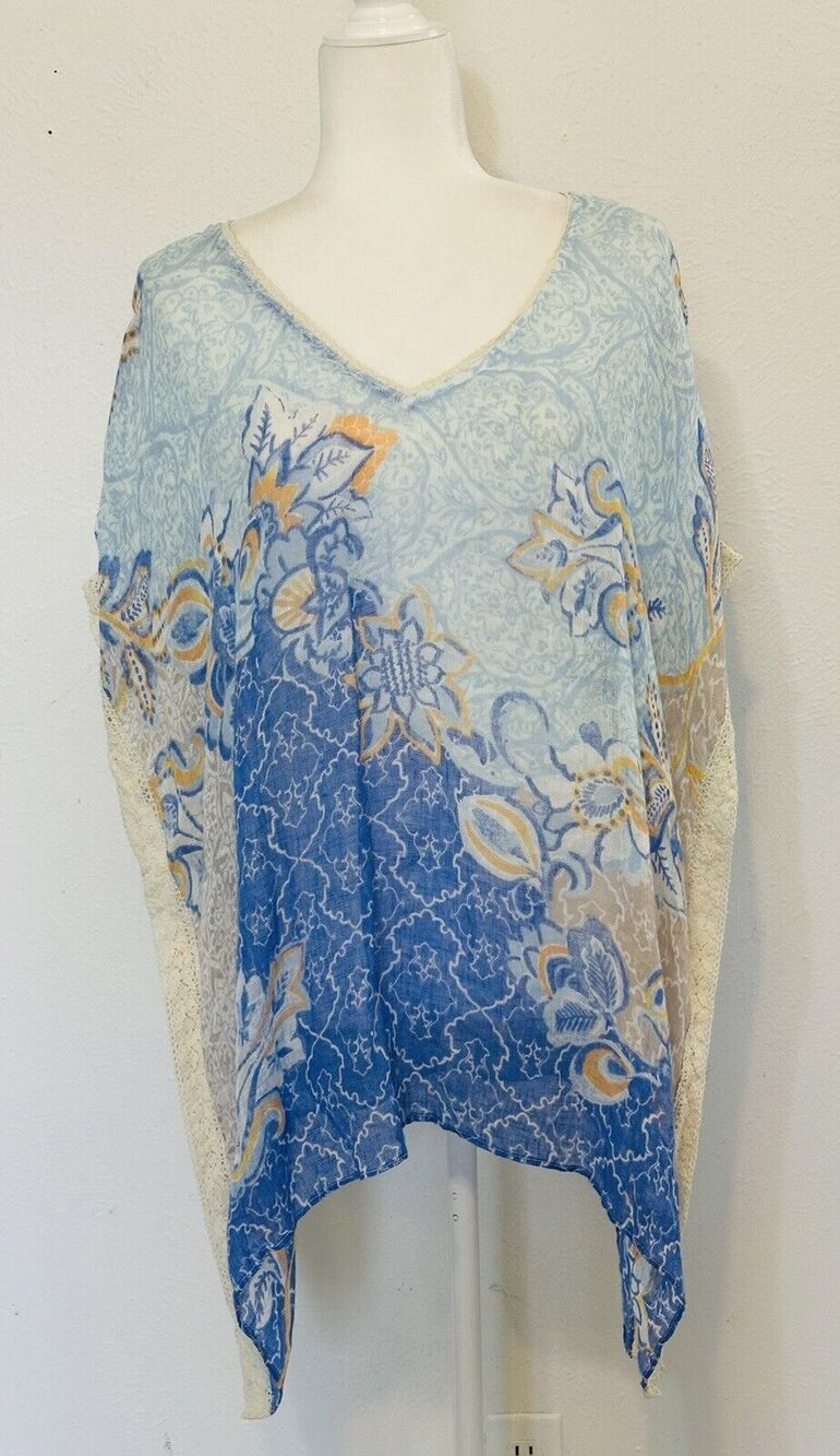 Chico's Women Sz L/XL Floral Linen Poncho Boho Lace Trim Art to Wear Timeless
